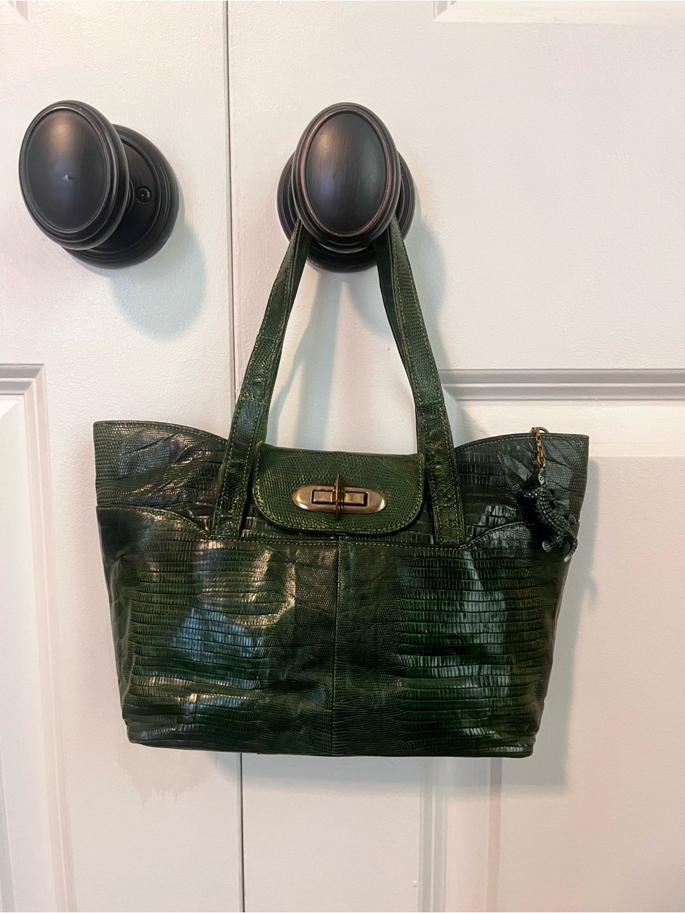 Vintage Mid-Century Genuine Green Exotic Leather Handbag Tote with Charm